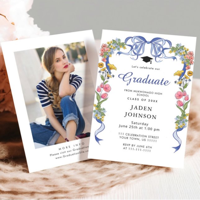 Trendy Blue Bow Coquette PHOTO Graduation Party Invitation (Creator Uploaded)