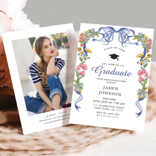 Trendy Blue Bow Coquette PHOTO Graduation Party Invitation (Creator Uploaded)