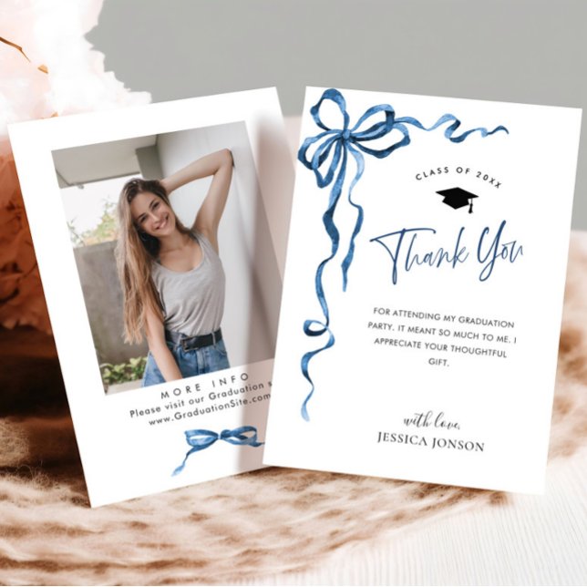 Trendy Blue Bow Coquette PHOTO Graduation Thank You Card (Creator Uploaded)