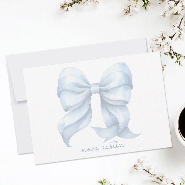 Trendy Blue Bow Personalised With Name Monogram Card (Creator Uploaded)