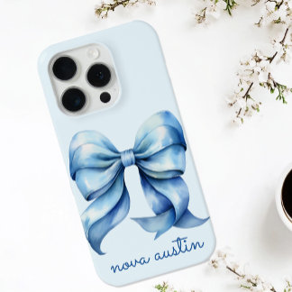 Trendy Blue Bow Personalised With Name Monogram iPhone 15 Pro Case