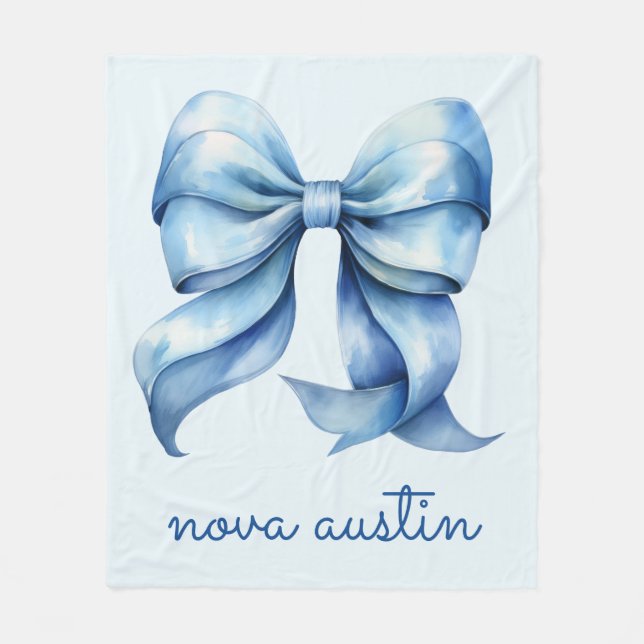 Trendy Blue Bow Personalised With Name Monogram Fleece Blanket (Front)