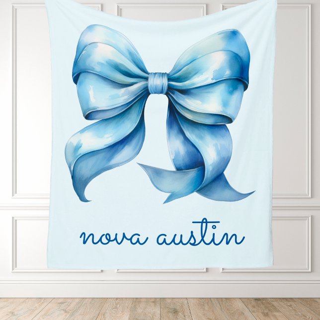 Trendy Blue Bow Personalised With Name Monogram Fleece Blanket (Creator Uploaded)