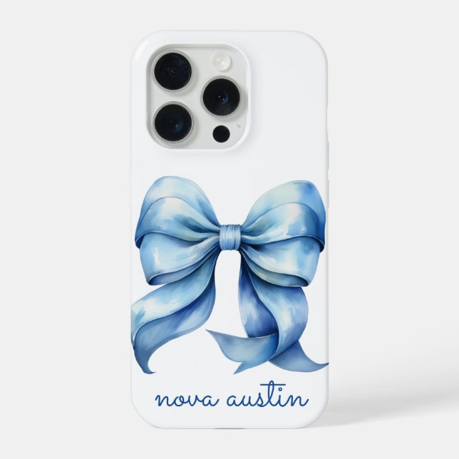 Trendy Blue Bow Personalised With Name Monogram iPhone Case (Back)