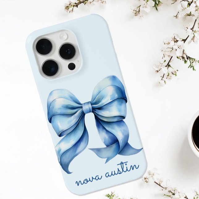 Trendy Blue Bow Personalised With Name Monogram iPhone Case (Creator Uploaded)