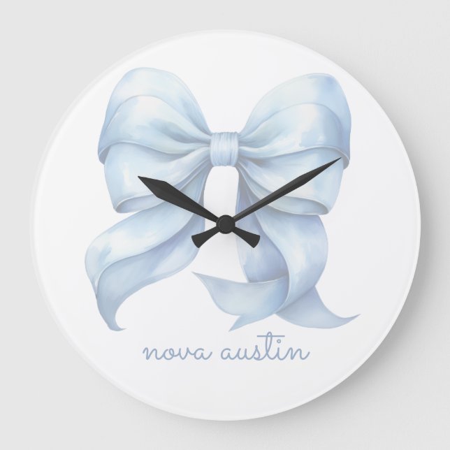 Trendy Blue Bow Personalised With Name Monogram Large Clock (Front)
