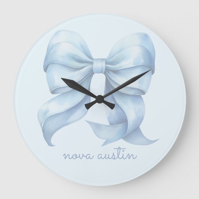Trendy Blue Bow Personalised With Name Monogram Large Clock (Front)