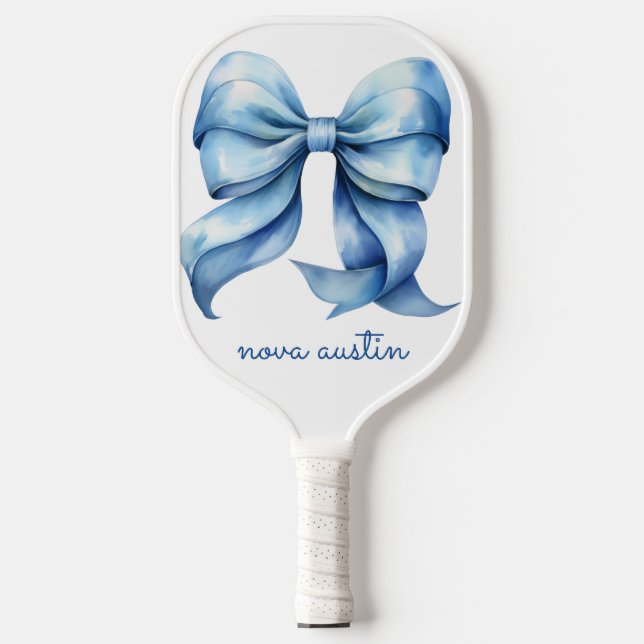 Trendy Blue Bow Personalised With Name Monogram Pickleball Paddle (Front)