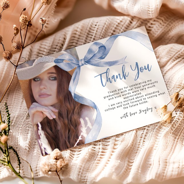 Trendy Blue Bow Photo Graduation Thank You Card (Creator Uploaded)