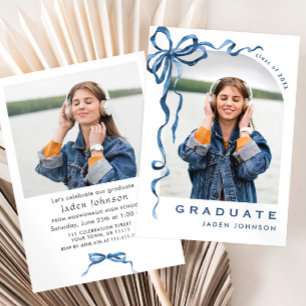 Trendy Blue Bow Ribbon 2 PHOTO Graduation Party Invitation