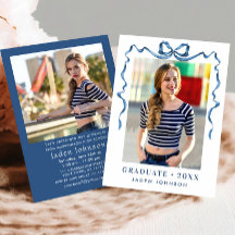 Trendy Blue Bow Ribbon 2 PHOTO Graduation Party