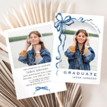Trendy Blue Bow Ribbon 2 PHOTO Graduation Party