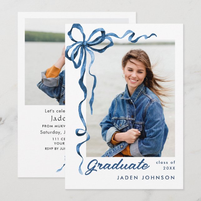 Trendy Blue Bow Ribbon 2 PHOTO Graduation Party Invitation (Front/Back)