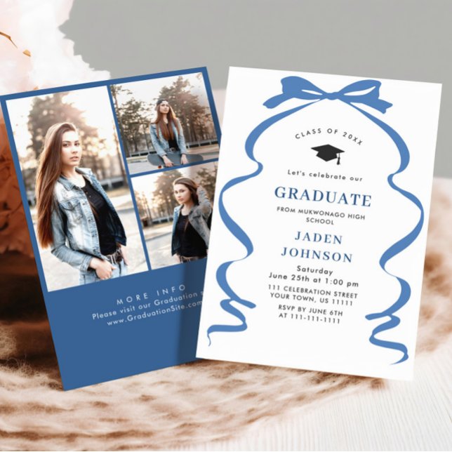 Trendy Blue Bow Ribbon 3 PHOTO Graduation Party Invitation (Creator Uploaded)