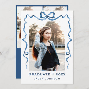Trendy Blue Bow Ribbon 4 PHOTO Graduation Party Invitation