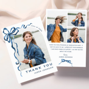 Trendy Blue Bow Ribbon 4 PHOTO Graduation Thank You Card
