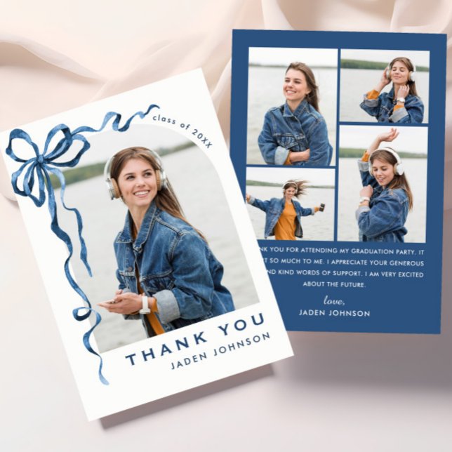 Trendy Blue Bow Ribbon 5 PHOTO Graduation Thank You Card (Creator Uploaded)