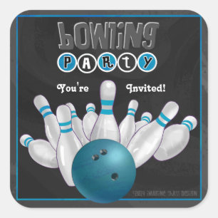 Trendy Blue Bowling Party Invite Sticker