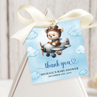 Trendy Blue Brown Teddy Bear Aviator Baby Shower Favour Tags