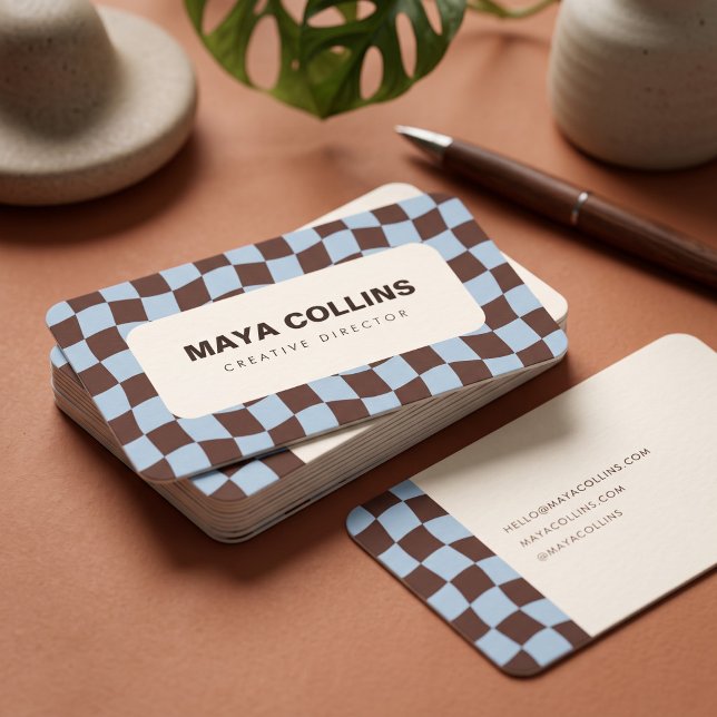 Trendy Blue Brown Wavy Chequered Business Card (Simulated business cards on table)