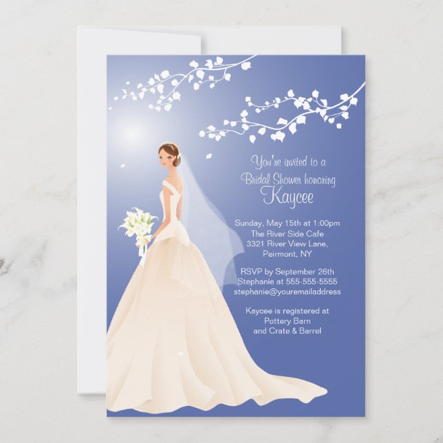 Trendy Blue BRUNETTE Bride Bridal Shower Invite (Front)