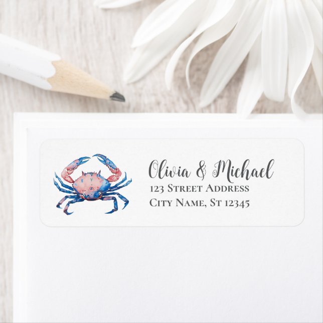 Trendy Blue Coastal  Crab Nautical Return Address (Insitu)