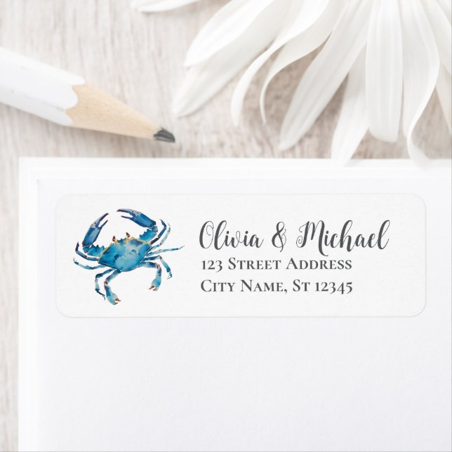 Trendy Blue Coastal  Crab Nautical Return Address (Insitu)