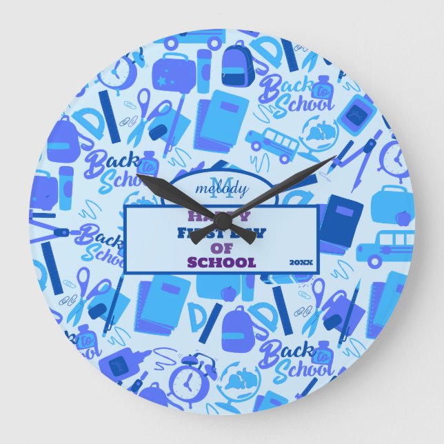 trendy blue Customisable Back to School Pattern Large Clock (Front)