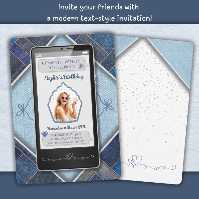 Trendy Blue Denim Cell Phone Birthday Invitation (Trendy Blue Denim Cell Phone Birthday Invitation)