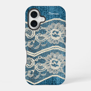 Trendy Blue Denim & White Lace iPhone 16 Case