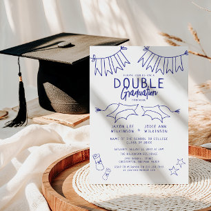 Trendy Blue Doodle Double Graduation Party Invitation