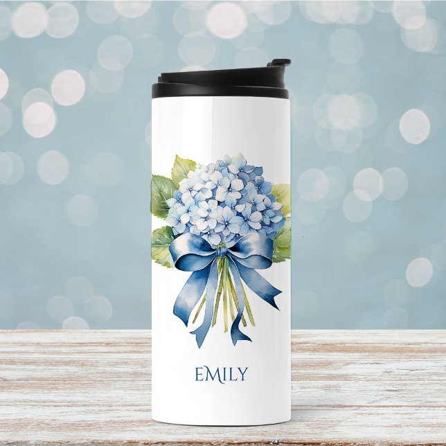 Trendy Blue Floral Bridesmaid Proposal Thermal Tumbler (Blue Hydrangea Thermal Tumbler)