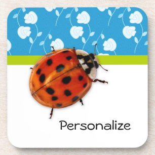 Trendy Blue Floral Ladybug With Name Coaster