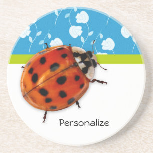 Trendy Blue Floral Ladybug With Name Coaster