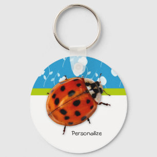 Trendy Blue Floral Ladybug With Name Key Ring
