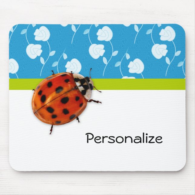 Trendy Blue Floral Ladybug With Name Mouse Pad (Front)