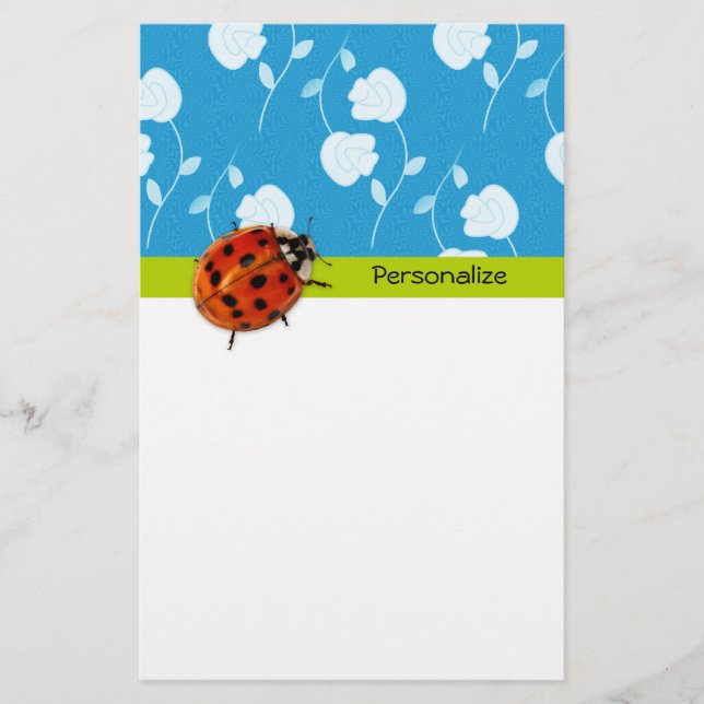 Trendy Blue Floral Ladybug With Name Stationery (Front)