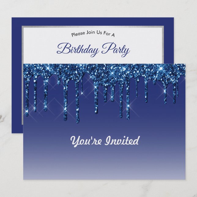 Trendy Blue Glitter Drips Birthday Invitation (Front/Back)