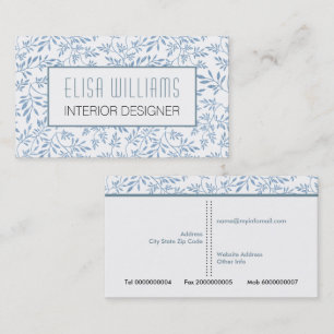 Trendy blue glitter leaves floral pattern business card