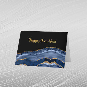 Trendy Blue Gold Agate New Year Holiday Card