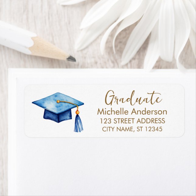 Trendy Blue Gold Graduation Return Address Label (Insitu)