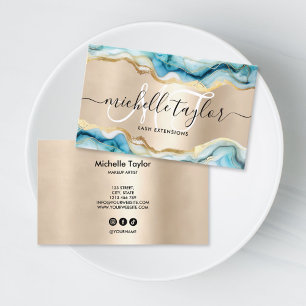 Trendy Blue Gold Monogram Makeup Artist Hair Salon Business Card