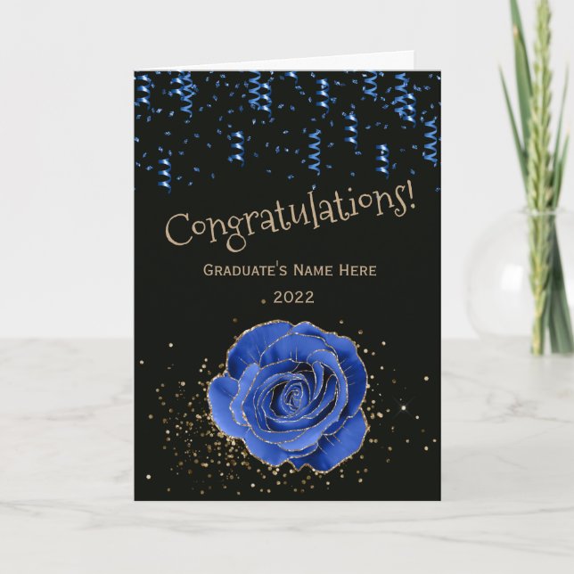 Trendy Blue Gold Rose Congratulations Graduation Card (Front)