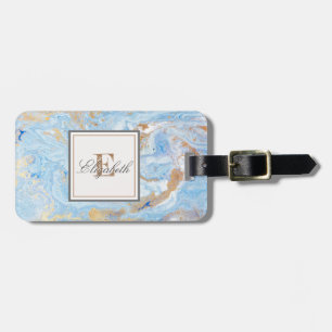 Trendy Blue Gold Stone Marble Texture, Monogram Luggage Tag