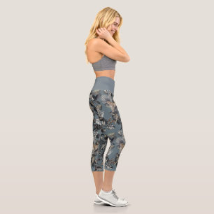 Trendy Blue Gray Botanical Jungle Activewear Capri Leggings