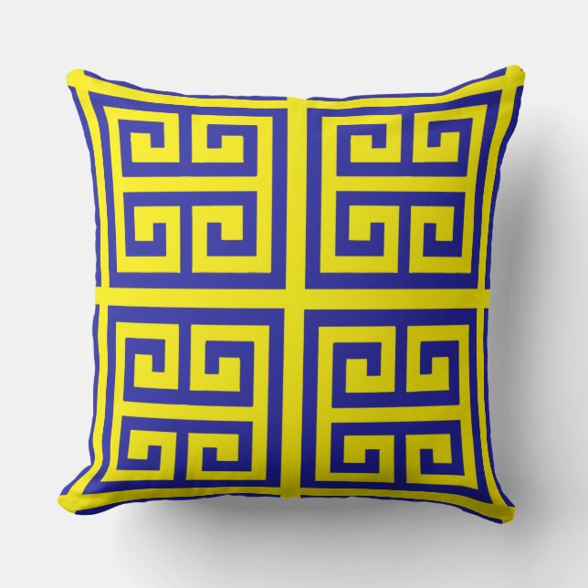 Trendy Blue Greek Key Pattern On Yellow Cushion (Front)