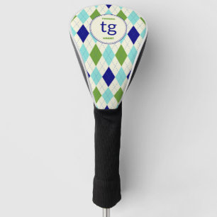 Trendy Blue & Green Argyle Pattern Modern Monogram Golf Head Cover