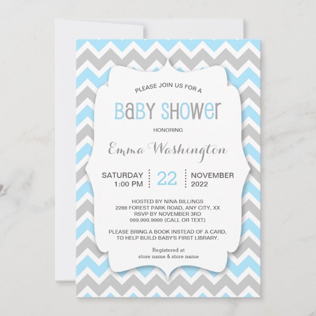 Trendy Blue Grey BOY Baby Shower invitation (Front)