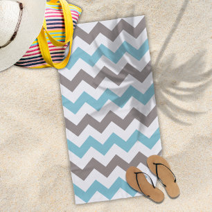 Trendy Blue Grey Chevron Pattern Beach Towel