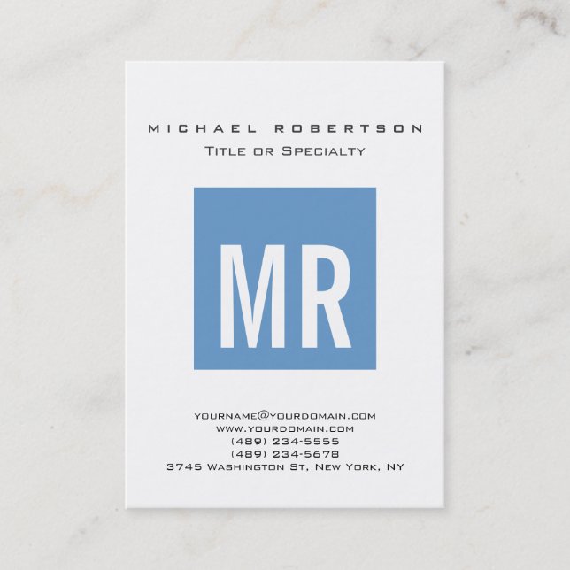 Trendy Blue-Grey Monogram White Business Card (Front)